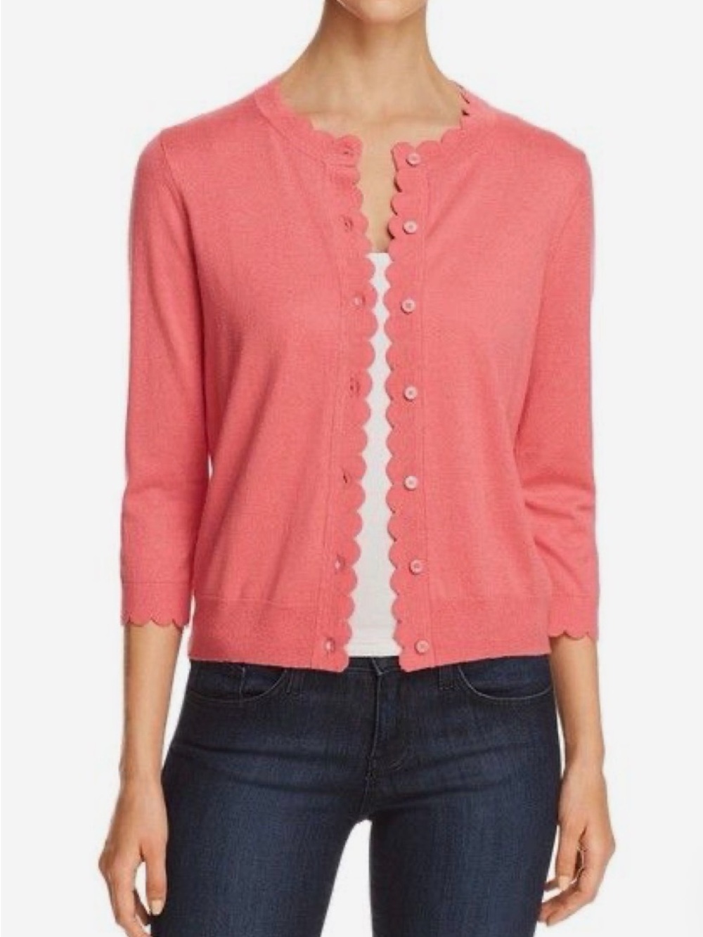 Kate Spade New York Womens S Pink Cotton Blend Knit Scalloped Cardigan Preppy